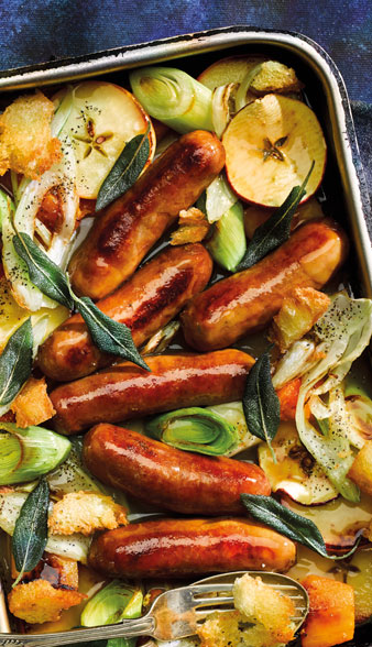 Cooked sausages and veg